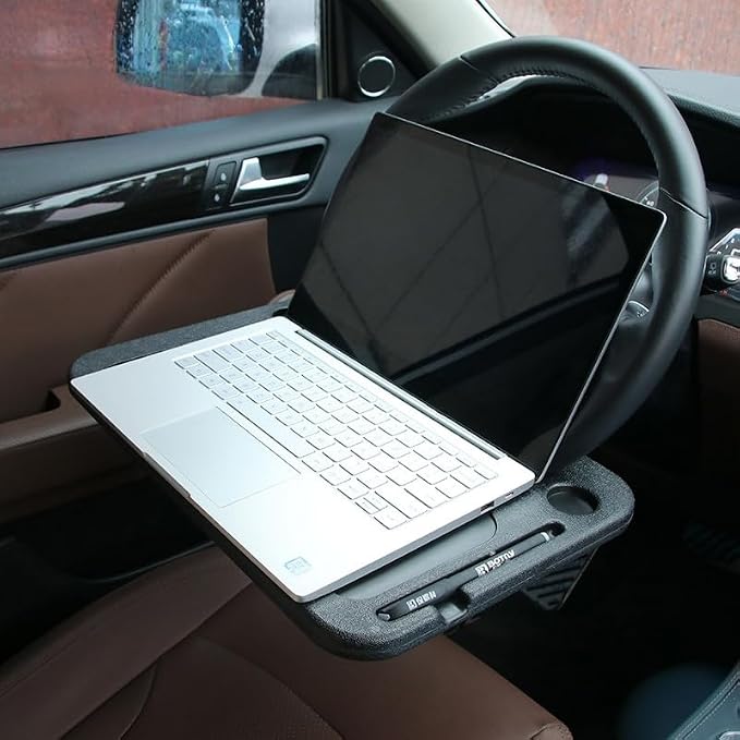 Steering Wheel Tray Desk, Portable Laptop & Food Table for Eating, Working, Makeup, Steering Wheel Stand for Truck Drivers, Vehicle Mount Organizer with Cup Holder - Image 4