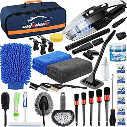 39Pcs Car Cleaning Wash Kit Interior Detailing Cleaner Kit with High Power Handheld Vacuum, Brush Set, Windshield Tool, Duster, Towels, Tire Brush, Complete Car Care Tools, Blue by AUTODECO