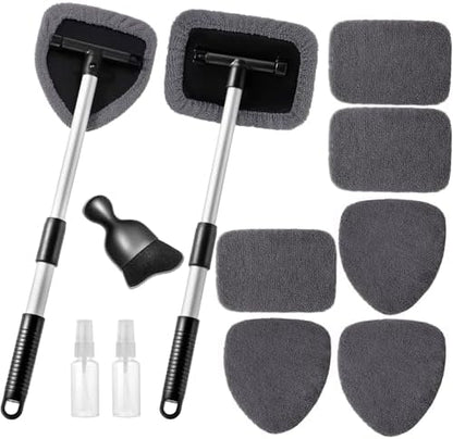 Qydipclin 11pcs Windshield Cleaner Tool, Car Window Cleaning Wash Kit with 6 Reusable Microfiber Pads 2 Spray Bottles and Extendable Handles Auto Glass Wiper Kit, Gray by Qydipclin
