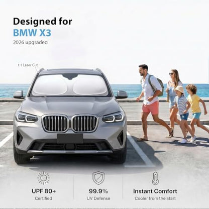 2026 Upgraded Windshield Sun Shade for BMW X3 [Precision Custom Fit, Superior UV & Heat Block] Cooling Tech Fabric, Durable Foldable with Storage Bag, Fits 2004-2026 - Image 2