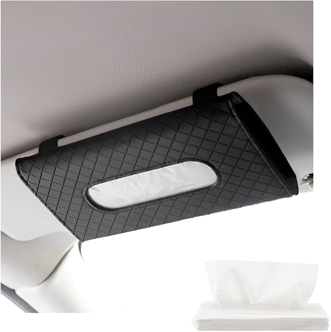 Car Tissue Holder, Leather Sun Visor Hanging Napkin Holder with Tissue Refill, Clip-On Visor Mask Dispenser Premium Paper Towels Case for Vehicles, Universal Car Accessories (Black) by Unknown