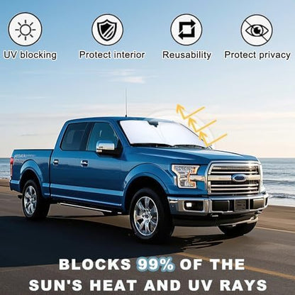 PIMCAR Windshield Sunshade for Ford F-150 2015-2020 | Premium 310T Reflective Polyester UV & Heat Blocker | Reduces Interior Temperature, Foldable with Storage Pouch - Image 3