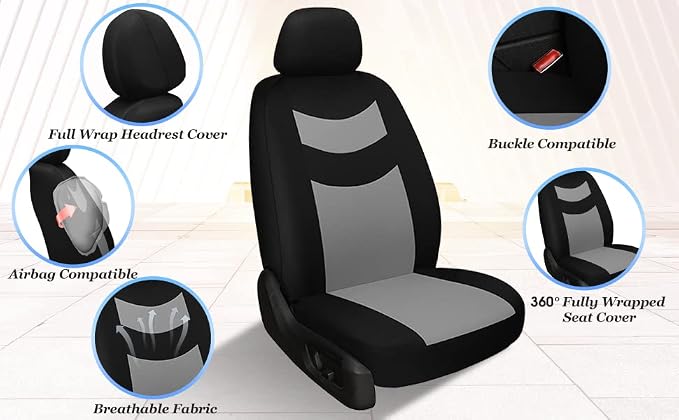 Universal Car Seat Covers for Front Seats, Cloth Front Car Seat Cover, Easy to Install, Breathable and Washable Universal Interior Covers for Auto, SUV, Sedan, Van, Airbag Compatible, Black & Grey - Image 4