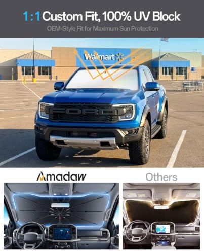 Windshield Sun Shade for Ford Ranger 2000–2026, Foldable Umbrella Sunshade with 100% UV Block, Multi-Layer Heat Insulation, Reinforced 10-Rib Frame, Keeps Car Cooler, Summer Car Accessory - Image 3