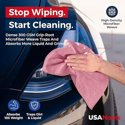 USANOOKS Microfiber Cleaning Cloth Light Pink - 50 Pcs 12.5"x12.5" - High Performance - 1200 Washes, Ultra Absorbent Towels Weave Grime & Liquid for Streak-Free Mirror Shine - Car Washing Cloth - Image 6