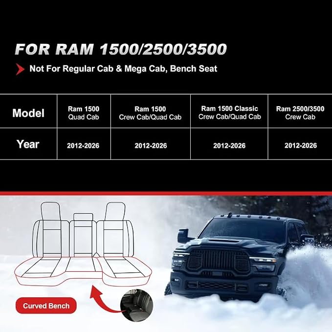 TTX LIGHTING Custom Fit Front Seat Covers for Ram 1500/2500/3500 2012-2026 | Original Seat Pattern Waterproof Faux Leather Truck Seat Covers for Crew Cab/Quad Cab Flat Bench - Image 2