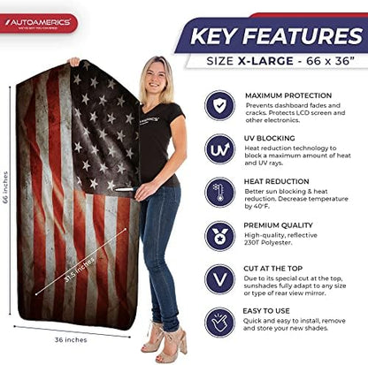 Autoamerics Truck Windshield Sun Shade with Storage Pouch & Anti-Slip Dash Pad - Foldable Grunge USA Flag-1 Design Cover - Fits Most SUVs & Trucks -Reflective 230T Material | X-Large (66 x 36 inches) - Image 2