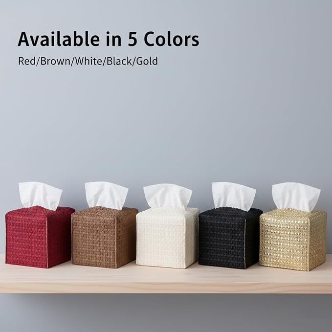 Tissue Box Cover 2-Pack, Square Tissue Holder with Bottom Belt, Modern Tissue Case Facial Paper Organizer Dispenser for Bathroom, Office, Home, Table, Car, Woven Pattern Golden - Image 6
