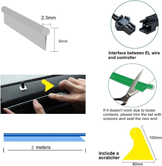 El Wire Ice Blue Interior Car LED Strip Lights, 2M Neon Wire USB 5V with Fuse Protection for Automotive Interior Decoration, with 6mm Sewing Edge - Image 4