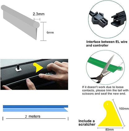 El Wire Ice Blue Interior Car LED Strip Lights, 2M Neon Wire USB 5V with Fuse Protection for Automotive Interior Decoration, with 6mm Sewing Edge - Image 4