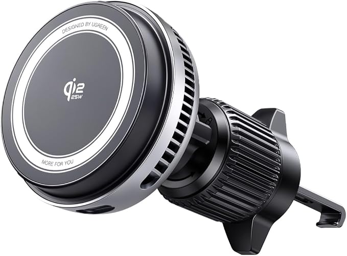 UGREEN Qi2.2 25W Wireless Car Charger Mount with Silent Cooling Fan (TEC) | Air Vent Clip and Fast Power, LED Lights, 360°Adjustable Car Phone Holder for iPhone 17-12 Series, 5FT Cable, No Adapter by Unknown
