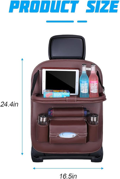 Leather Seat Back Organizer with Foldable Table Tray, Coffee | kick-mat function, rear-seat protective surface, multifunctional use, fits most cars SUVs and trucks, interior item - Image 2