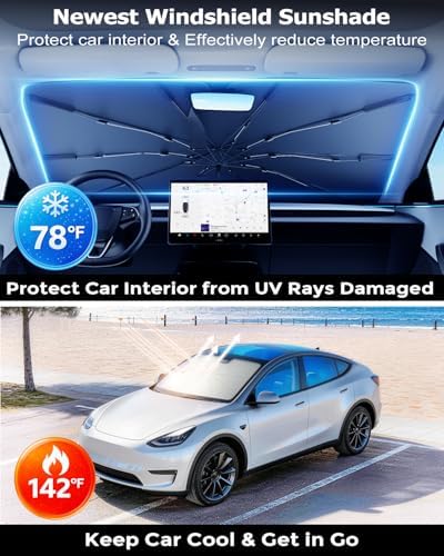 DMJN Umbrella Windshield Sun Shade for Car, Car Sunshade for Front Windshield [Nano Ice-Crystal Coatings] UPF50+ Heat & UV Block, Protect Interior & Keep Cooler Universal for Compact Sedan & SUV - Image 2