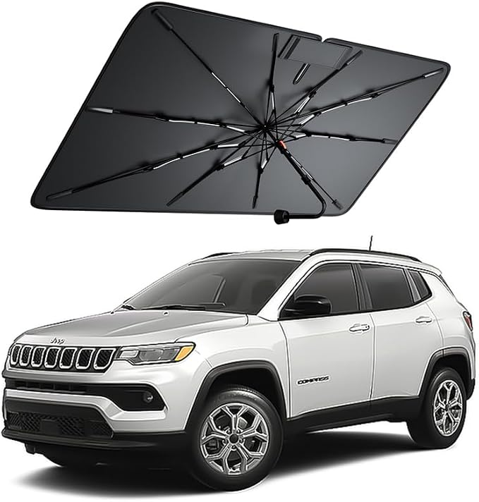 Windshield Sun Shade for Jeep Compass 2007–2026, Foldable Umbrella Sunshade with 100% UV Block, Multi-Layer Heat Insulation, Reinforced 10-Rib Frame, Keeps Car Cooler, Summer Car Accessory by Amadaw