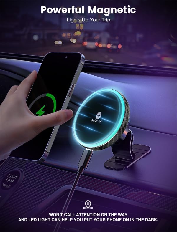 for Magsafe Car Mount Charger 15W LED RGB Car Phone Holder for Dash Vent | HandsFree Magnetic Wireless Car Charger Car Mount Fast Car Charger for iPhone 17 16 15/14/13/12 Series Carbon Fiber - Image 5