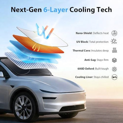 2026 Upgraded Windshield Sun Shade for Tesla Model 3 / Model Y [Precision Custom Fit, Superior UV & Heat Block] Cooling Tech Fabric, Durable Foldable with Storage Bag, Fits 2017-2026 - Image 4