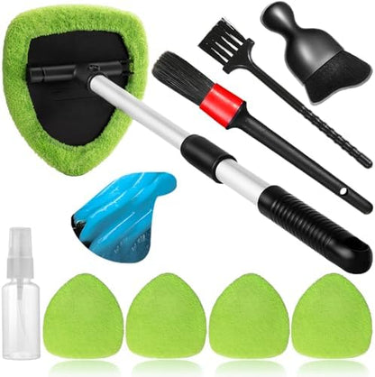 Qydipclin 10pcs Windshield Cleaner Tool, Car Window Cleaning Wash Kit with 4 Reusable Microfiber Pads 1 Spray Bottle and Extendable Handle Auto Glass Wiper Kit, Green by Qydipclin