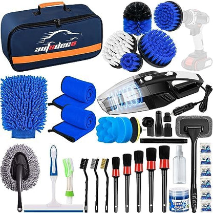 37Pcs Car Detailing Brush Set, Car Detailing Kit, Auto Detailing Drill Brush Set, Car Detailing Brushes, Car Wash Cleaning Tools Kit with Car Vacuum for Interior, Exterior, Wheels, Blue by AUTODECO