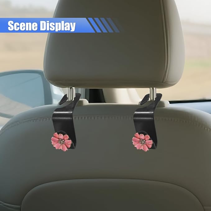 Craedli 2PCS Bling Car Seat Headrest Hook, Cute Rhinestone Flower Seat Back Storage Organizer Hanger Car Purse and Bag Hooks Holder, Universal Interior Accessories for Handbag Grocery Bag Coat (Pink) - Image 5
