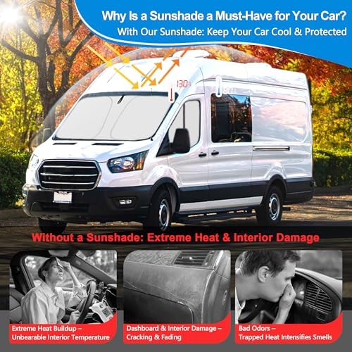 Front Side Window Sun Shade for 2015-2024 Fo-rd Transit Van High and Medium Roof Accessories, Foldable Window Sunshade Sun Visor Protector, Side Shades Sun Shield Blocks UV Ray Heat, Pack of 2 - Image 2