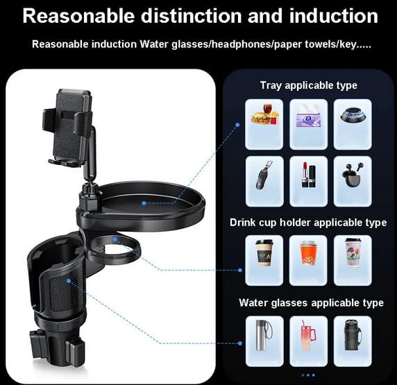 4-in-1 Car Cup Holder Expander with 360° Swivel Tray, Universal Adjustable Base for Large Mugs and Bottles, Integrated Smartphone Mount for Food and Snacks, Black - Image 7