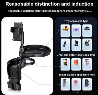 4-in-1 Car Cup Holder Expander with 360° Swivel Tray, Universal Adjustable Base for Large Mugs and Bottles, Integrated Smartphone Mount for Food and Snacks, Black - Image 7