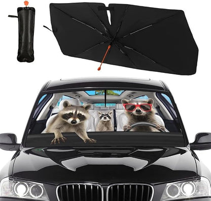 Raccoon Car Windshield Sunshade Umbrella Funny Raccoon Sun Shade Umbrella for Car Raccoon Foldable Car Window Shades Windshield Sun Shades Umbrella Cover 57 x 30 in - Image 3