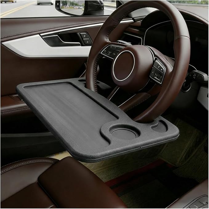 Car Steering Wheel Desk, 2 in 1 Multipurpose Auto Steering Wheel Tray with Drink Holder and Pen Slot, Portable Vehicle Computer Office Table Travel Accessories for Laptop, Food (Black) by Unknown