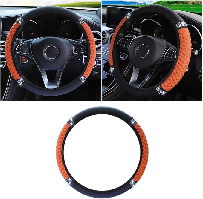 JOYCOURT 15 Inch Bling Soft Leather Car Steering Wheel Cover, Orange | Colorful Rhinestones Design, Auto Elastic Protector for Women Girls, Crystal Diamond Car Accessories for Most Cars, SUVs by JOYCOURT