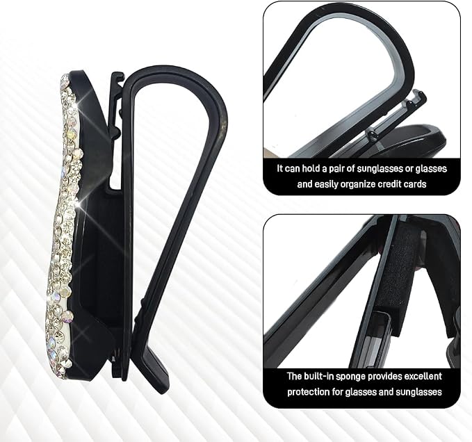 2PCS Bling Rhinestone Car Sun Visor Glasses Holders with Anti-Scratch Sponge, Sunglass Holder for Car, Ticket Card Clip Sunglasses Mount, Auto Eyeglass Hanger Clip for Women Girls (White) - Image 5