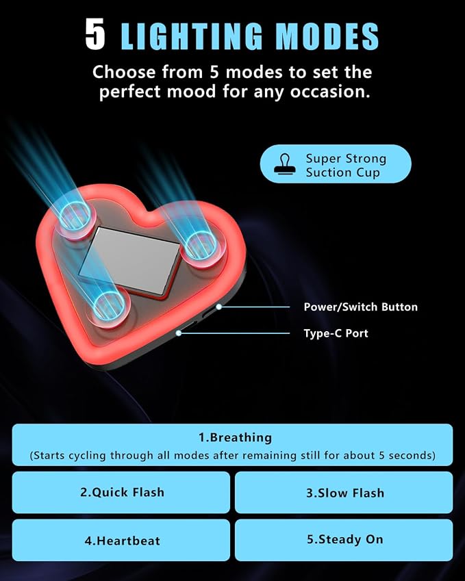 Car LED Ambient Light for Thanksgiving, Car Triangle Window Solar-Powered Heart Shaped Atmosphere Light with 5 Switchable Lighting Modes, Romantic Car Interior & Outdoor Decor (Red, 1pcs) - Image 3