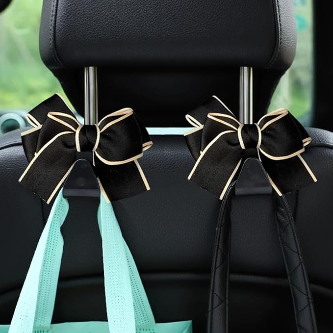 Mandark 2PCS Bow Car Headrest Hooks for Bags, Black/White Line | PVC construction, clip-on installation keeps items off the floor, fits most cars, SUVs, and trucks, car interior accessories - Image 6