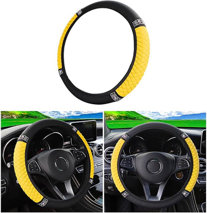 Osilly 15 Inch Rhinestone Leather Steering Wheel Cover, Yellow | breathable non-slip surface, flexible ringless design, hand-stretch setup, fits matching rim sizes, automotive accessories by Osilly
