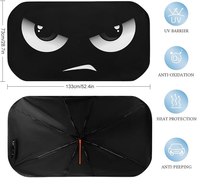 Cartoon Eyes Car Windshield Sun Shade Umbrella, Foldable Car Front Windshield Sunshade with Bendable Handle, Windshield Sun Visor for Most Vehicles - Image 3