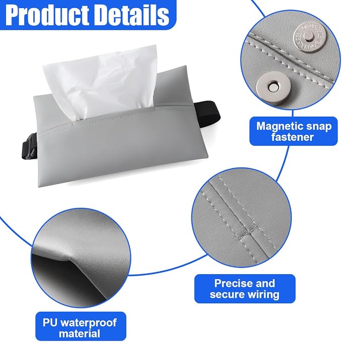 YoRise Car Tissue Holder, PU Leather Car Napkin Holder with Adjustable Strap, Center Console Tissues Box Cover, Sun Visor Organizer Keep Auto Tidy, Vehicle Headrest Storage Accessories (Gray) - Image 3