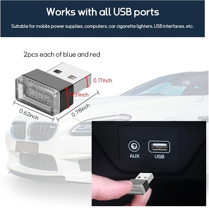 Dickno 4 PCS USB LED Car Interior Atmosphere Lamp, Portable Mini LED Night Light, Plug-in USB Interface Trunk Ambient Lighting Kit, Universal Vehicle Interior Accessories (Blue+Red) - Image 2