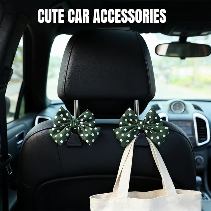 2PCS Car Seat Headrest Hooks, Car Purse Hook, Cute Bow Knot Vehicle Seatback Hanging Storage Organizer, Auto Seatback Decor Organizer Hanger for SUV Truck (Green/Polka Dot) - Image 3