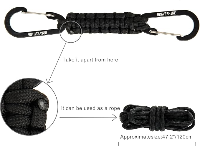 BRAVESHINE Paracord Keychain Carabiner Clip | D Ring Hanger Lanyard Hook | 7.3inch Long | for Stroller, Water Bottle, Key, Backpacks, Men, Women, Luggage, Car Seat Headrest, Fence, Bag Charms - Image 2