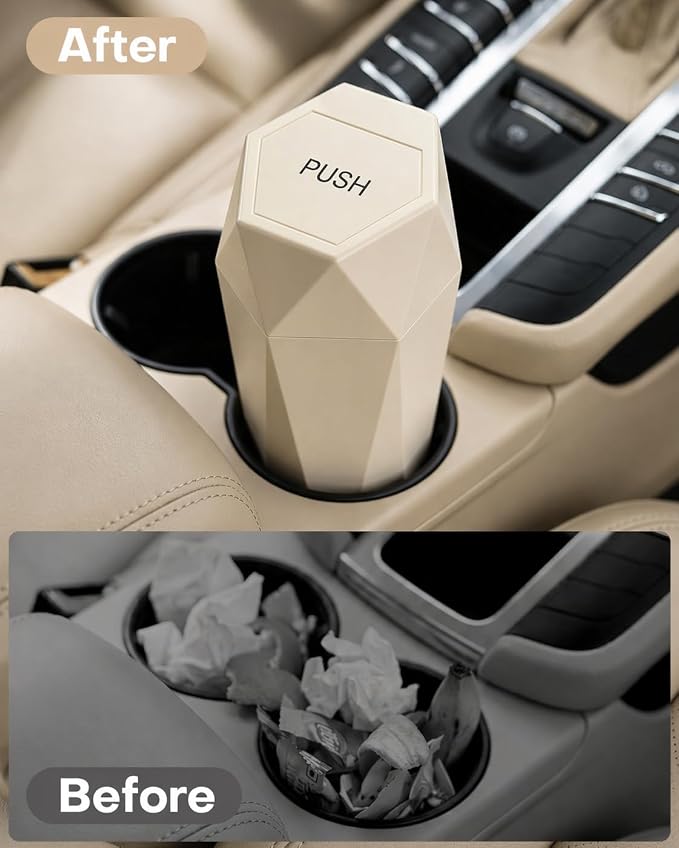 HOTOR Car Trash Can with Lid, Leakproof, Beige, 1 Pack | Car Accessories for Interior, Garbage Can with 15 Attached Trash Bags, Multipurpose Organizer and Storage for Home & Office - Image 3