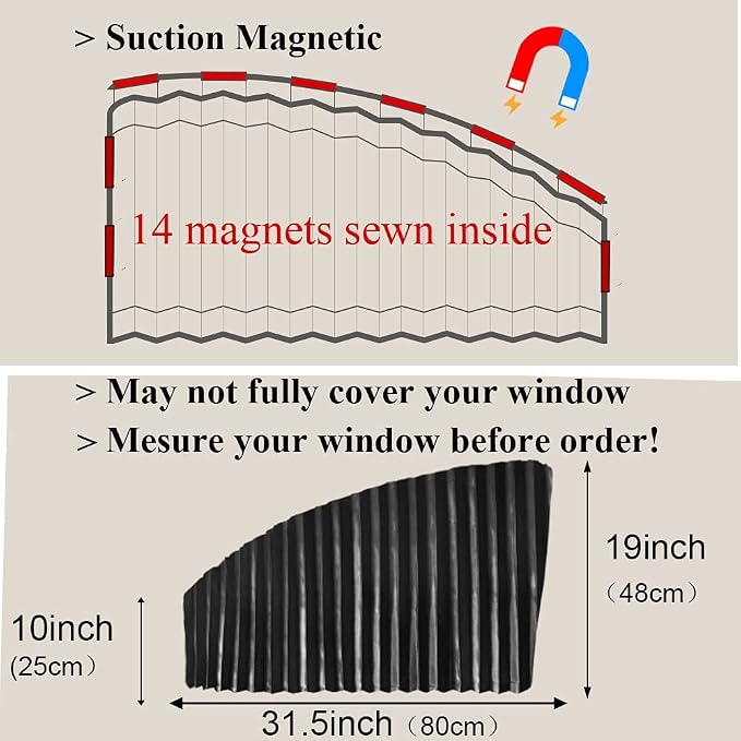 Ovege Car Side Window Sun Shade Car Curtain Pleated Silky Suction Magnetic (Black-Opaque, Front Seat 2pcs) - Image 4