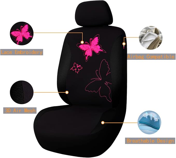Flying Banner Butterfly car seat Covers ful Set Fashion Universal Lady Woman Female Rear Bench Split Colorized (Black Rose Red, Full Set - Lace) - Image 2