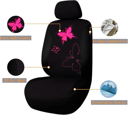 Flying Banner Butterfly car seat Covers ful Set Fashion Universal Lady Woman Female Rear Bench Split Colorized (Black Rose Red, Full Set - Lace) - Image 2