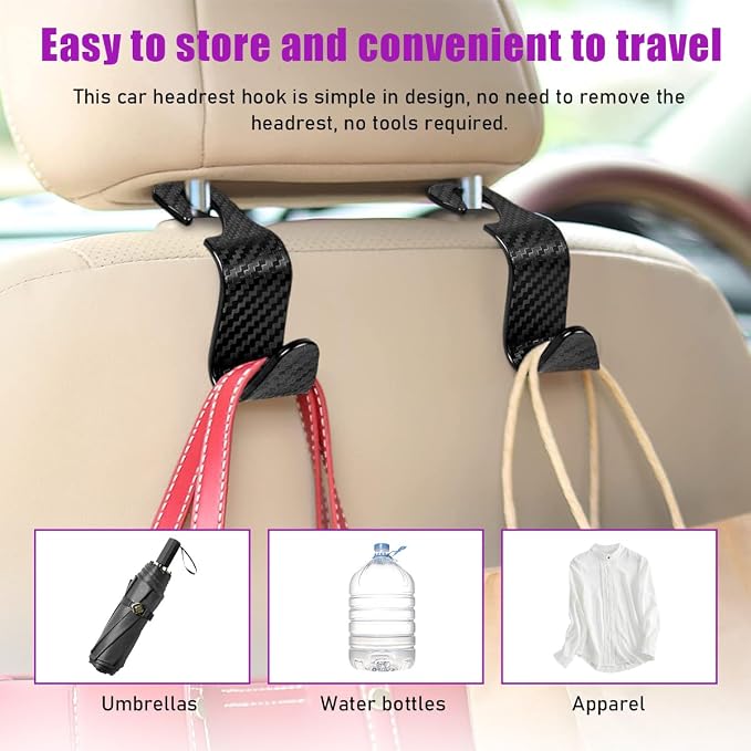 povtii 4 PCS Car Seat Headrest Hooks, Auto Backseat Organizer Hanger Holder, Vehicle Seat Back Storage Hooks for Purse Coat Umbrella Grocery Bag Handbag, Interior Car Accessories (Carbon Fiber) - Image 6