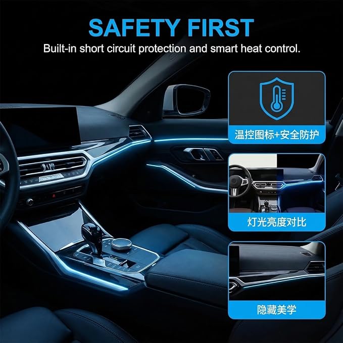 Car Interior LED Strip Light, Flexible Acrylic RGB Ambient Neon Light with Wireless APP & Remote Control, 3-in-1 Music Sync Auto Internal Atmosphere Lamp Strip, Universal for Vehicles - Image 5