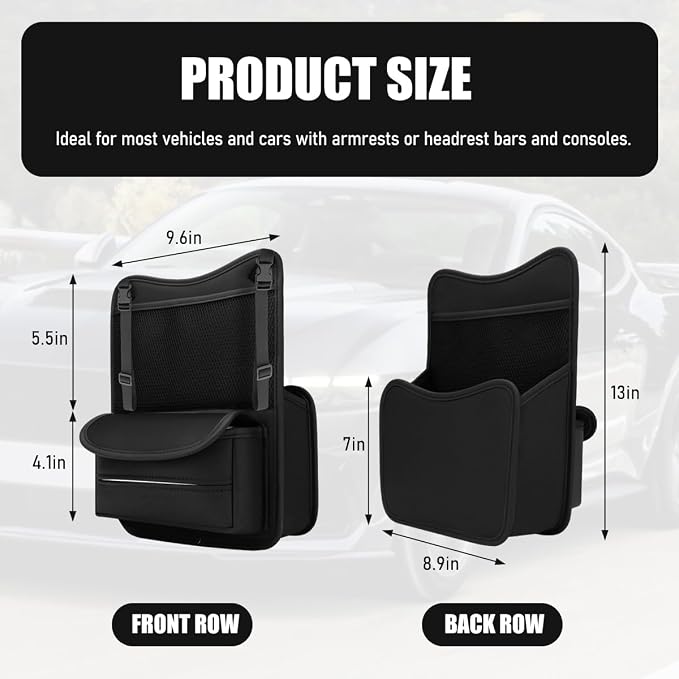 Car Organizer Storage Between Seats, Nappa Leather Front Seat Storage Bag with Tissue Holder, Automotive Console Hanging Net Pocket Handbag Holder for Phone Document (Black) - Image 2