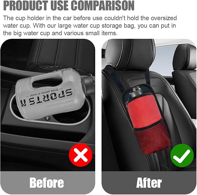 2-in-1 Large Cup Holder, Car Water Bottle Holder, 80 oz Waterproof Leather Car Seat Side Organizer, Multifunctional Seat Side Storage Hanging Bag with Mesh Pocket Fit for Most Vehicles (Red) - Image 4