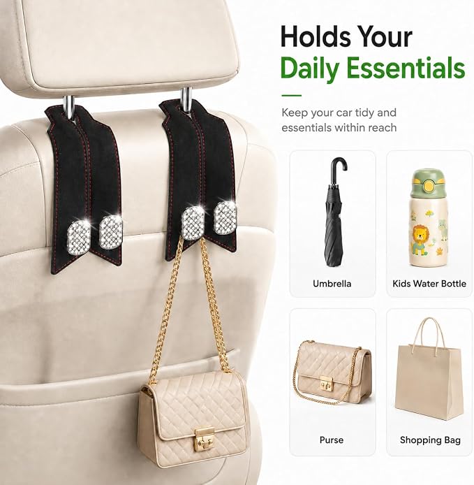 2 Pack Car Headrest Hooks, Dual Metal Purse Hangers, Classic Gray | Premium leather with dual metal hooks and anti-drop design. Holds purses, bags, coats, and groceries securely. - Image 6