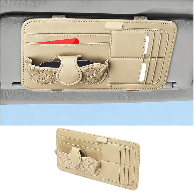 Car Sun Visor Organizer, Multifunctional Visor Storage Pouch with Sunglasses Holder & Card Sleeve Pocket, Auto Interior Organizer Pocket Bag for Pens Cards Documents, Universal Fit (Khaki) by Unknown