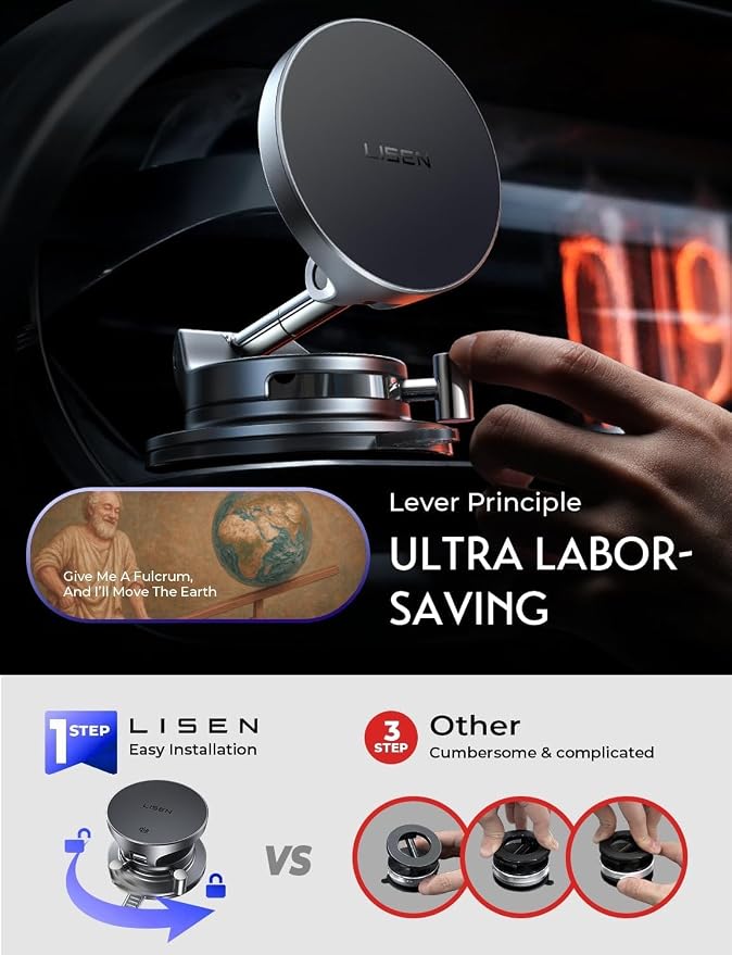 LISEN 15W MagSafe Car Mount Charger, Magnetic Wireless Car Phone Holder | [Easiest Mount] 96LBS Vacuum Suction Car Mount, 360° Magnetic Phone Holders for Your Car, for iPhone 17-12, Pixel 10, Samsung - Image 3