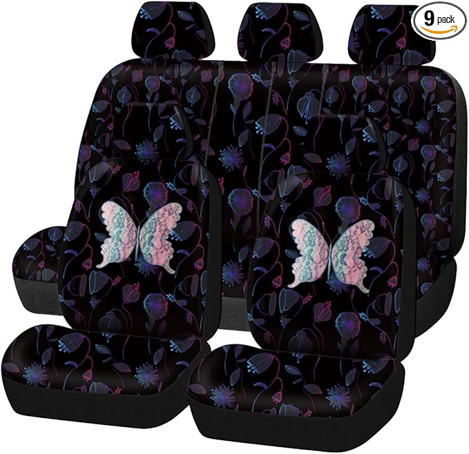 Flying Banner Butterfly car seat Covers ful Set Fashion Universal Lady Woman Female Rear Bench Split Colorized (Muti-Color, Full Set - Printing & Embriodery) by FlyingBanner